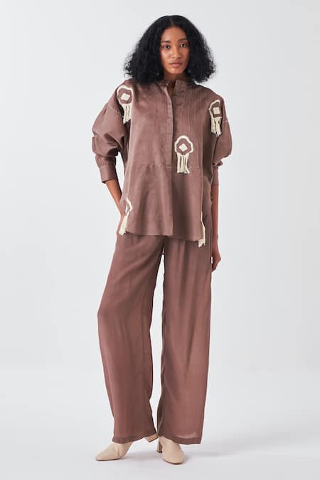 Buy_Three_Brown Chanderi Fringe Mandarin Collar Motif Applique Shirt _Online_at_Aza_Fashions