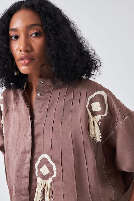 Shop_Three_Brown Chanderi Fringe Mandarin Collar Motif Applique Shirt _Online_at_Aza_Fashions