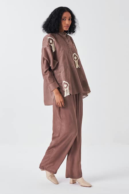 Three_Brown Chanderi Fringe Mandarin Collar Motif Applique Shirt _at_Aza_Fashions