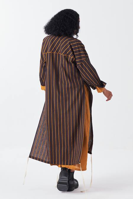 Three_Brown Cotton Collared Striped Tunic With Neck_Online_at_Aza_Fashions