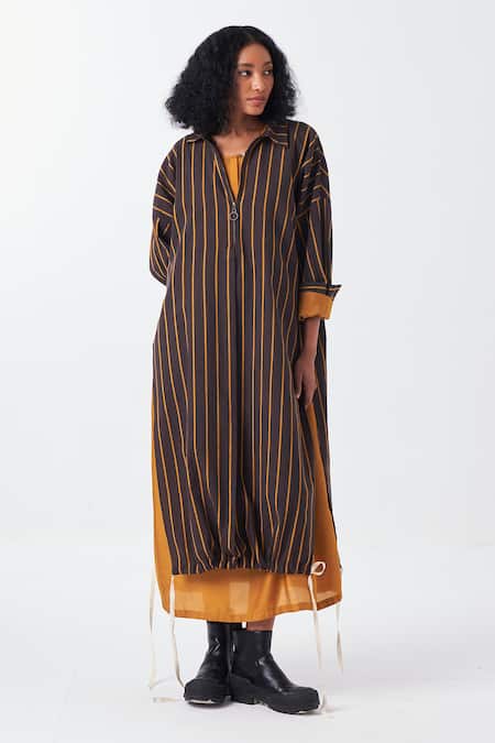 Buy_Three_Brown Cotton Collared Striped Tunic With Neck_Online_at_Aza_Fashions