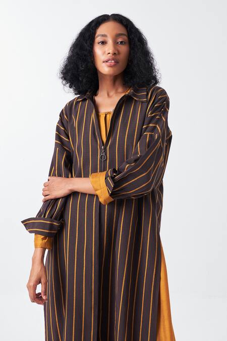 Shop_Three_Brown Cotton Collared Striped Tunic With Neck_Online_at_Aza_Fashions