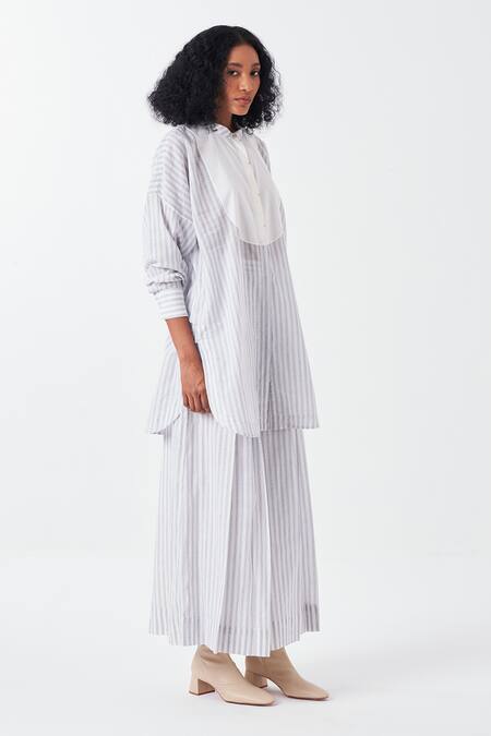 Three Blue Cotton Mandarin Collar U Yoke Striped Tunic Online at Aza Fashions Three_Blue Cotton Mandarin Collar U Yoke Striped Tunic_Online_at_Aza_Fashions