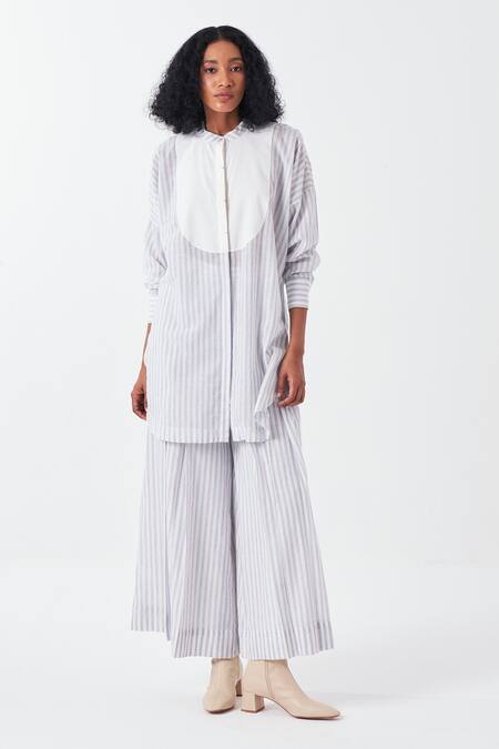 Buy Three Blue Cotton Mandarin Collar U Yoke Striped Tunic Online at Aza Fashions Buy_Three_Blue Cotton Mandarin Collar U Yoke Striped Tunic_Online_at_Aza_Fashions