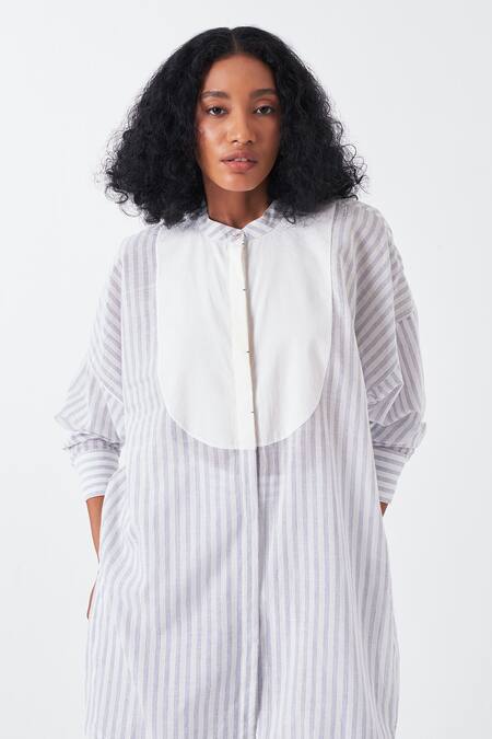 Shop Three Blue Cotton Mandarin Collar U Yoke Striped Tunic Online at Aza Fashions Shop_Three_Blue Cotton Mandarin Collar U Yoke Striped Tunic_Online_at_Aza_Fashions