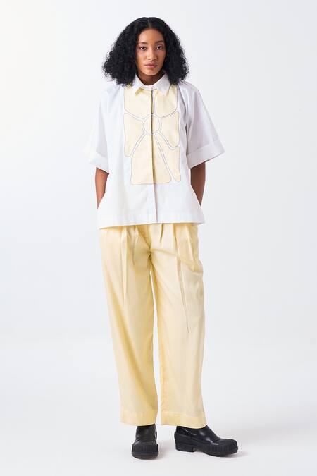 Three_White Poplin Embroidery Collared Floral Applique Shirt _Online_at_Aza_Fashions