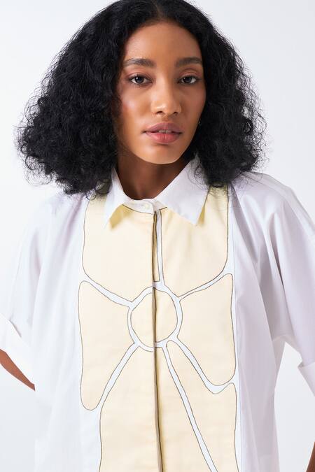 Shop_Three_White Poplin Embroidery Collared Floral Applique Shirt _Online_at_Aza_Fashions