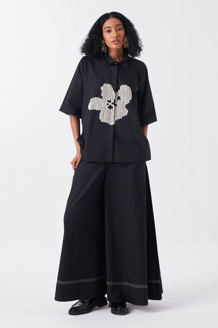 Three Black Poplin Embroidery Collared Floral Shirt Online at Aza Fashions Three_Black Poplin Embroidery Collared Floral Shirt _Online_at_Aza_Fashions