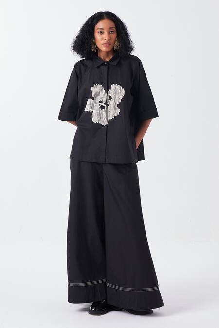 Shop Three Black Poplin Embroidery Collared Floral Shirt Online at Aza Fashions Shop_Three_Black Poplin Embroidery Collared Floral Shirt _Online_at_Aza_Fashions