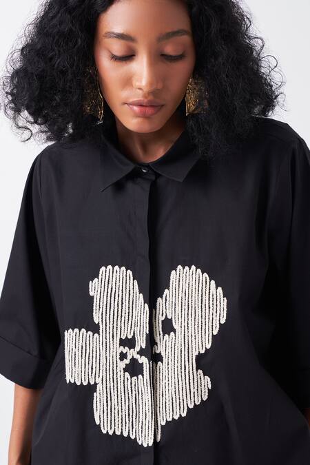 Three Black Poplin Embroidery Collared Floral Shirt at Aza Fashions Three_Black Poplin Embroidery Collared Floral Shirt _at_Aza_Fashions