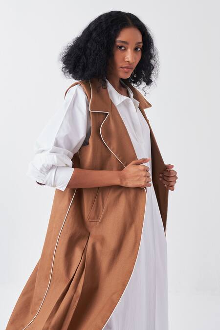 Three_Brown Twill, Poplin Collared Lapel Jacket And White Dress Set_Online_at_Aza_Fashions