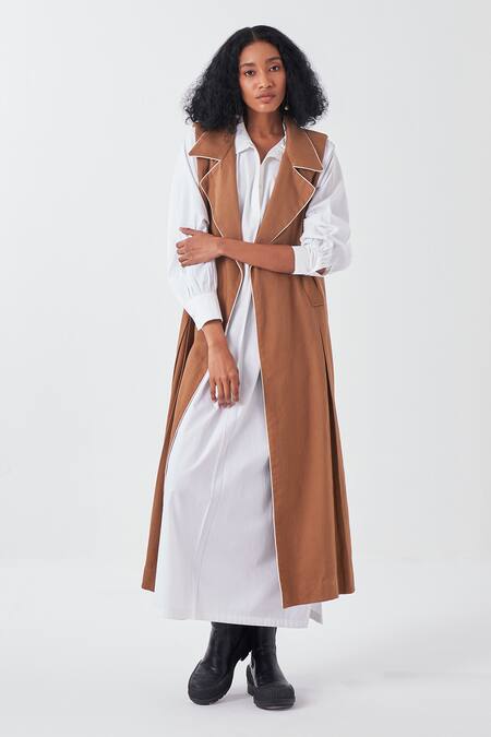 Buy_Three_Brown Twill, Poplin Collared Lapel Jacket And White Dress Set_Online_at_Aza_Fashions