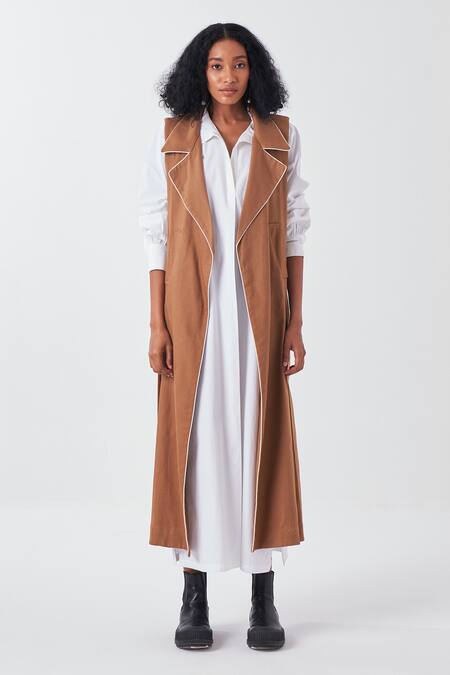 Shop_Three_Brown Twill, Poplin Collared Lapel Jacket And White Dress Set_Online_at_Aza_Fashions