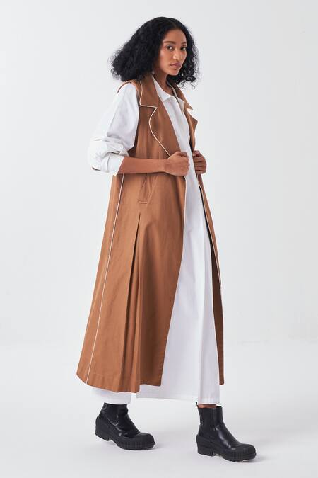 Three_Brown Twill, Poplin Collared Lapel Jacket And White Dress Set_at_Aza_Fashions