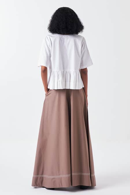 Shop Three White Poplin V-neck Front Tie Top And Cedar Brown Palazzo Set at Aza Fashions Shop_Three_White Poplin V-neck Front Tie Top And Cedar Brown Palazzo Set _at_Aza_Fashions