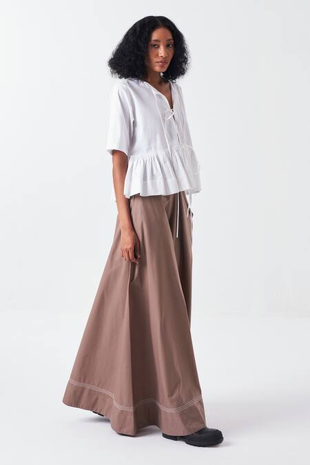 Three White Poplin V-neck Front Tie Top And Cedar Brown Palazzo Set Online at Aza Fashions Three_White Poplin V-neck Front Tie Top And Cedar Brown Palazzo Set _Online_at_Aza_Fashions