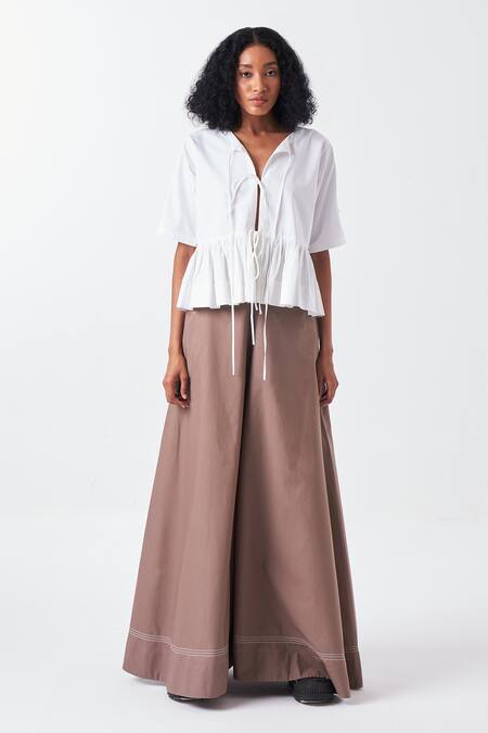 Shop Three White Poplin V-neck Front Tie Top And Cedar Brown Palazzo Set Online at Aza Fashions Shop_Three_White Poplin V-neck Front Tie Top And Cedar Brown Palazzo Set _Online_at_Aza_Fashions