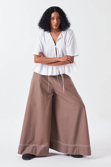 Three White Poplin V-neck Front Tie Top And Cedar Brown Palazzo Set at Aza Fashions Three_White Poplin V-neck Front Tie Top And Cedar Brown Palazzo Set _at_Aza_Fashions