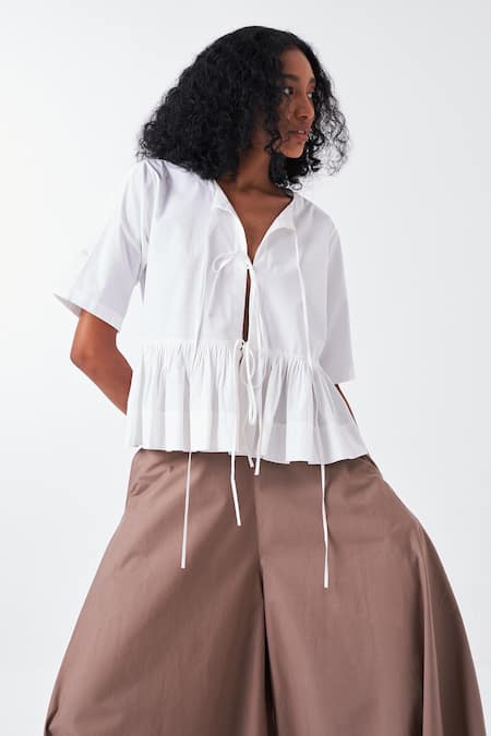 Buy Three White Poplin V-neck Front Tie Top And Cedar Brown Palazzo Set Buy_Three_White Poplin V-neck Front Tie Top And Cedar Brown Palazzo Set