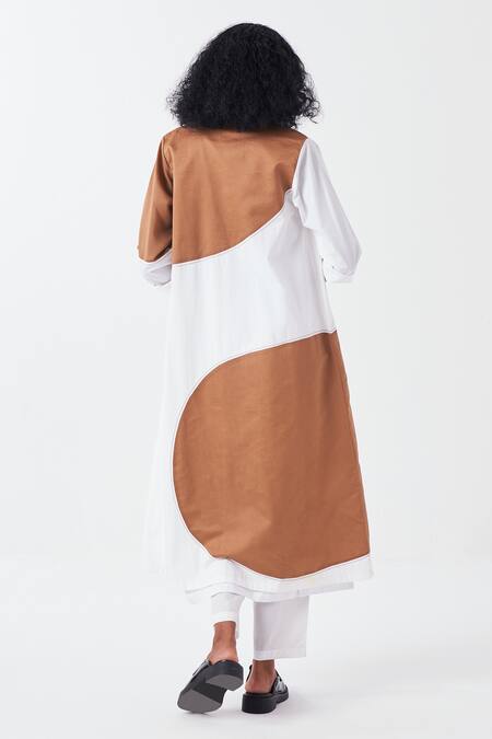 Shop_Three_White Poplin Applique Collared Moon Long Jacket Pant Set _at_Aza_Fashions