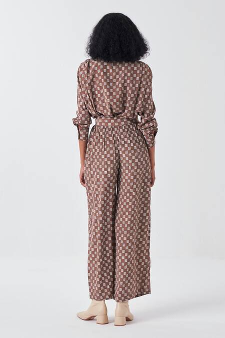 Shop_Three_Brown Silk Collared Brick Print Shirt And Pant Set _at_Aza_Fashions