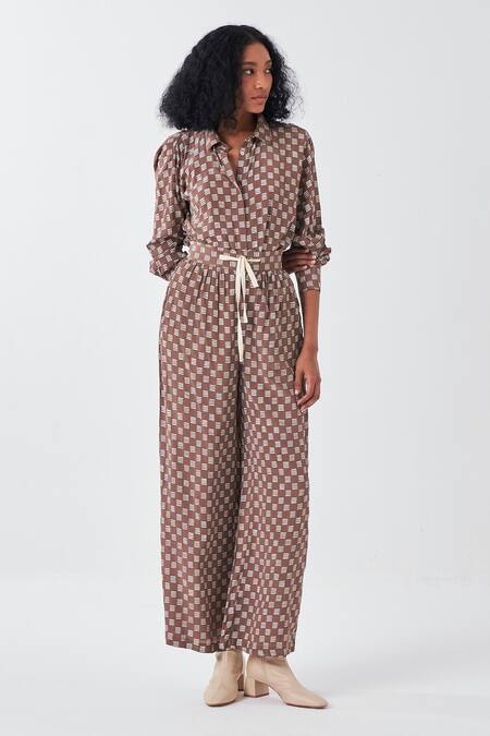 Three_Brown Silk Collared Brick Print Shirt And Pant Set _Online_at_Aza_Fashions