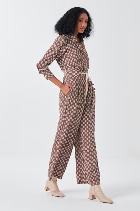 Buy_Three_Brown Silk Collared Brick Print Shirt And Pant Set _Online_at_Aza_Fashions
