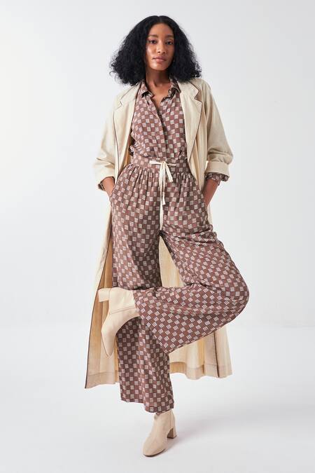 Three Brown Crepe, Cotton Embroidery Collared Floral Applique Long Jacket And Pant Set Online at Aza Fashions Three_Brown Crepe, Cotton Embroidery Collared Floral Applique Long Jacket And Pant Set _Online_at_Aza_Fashions