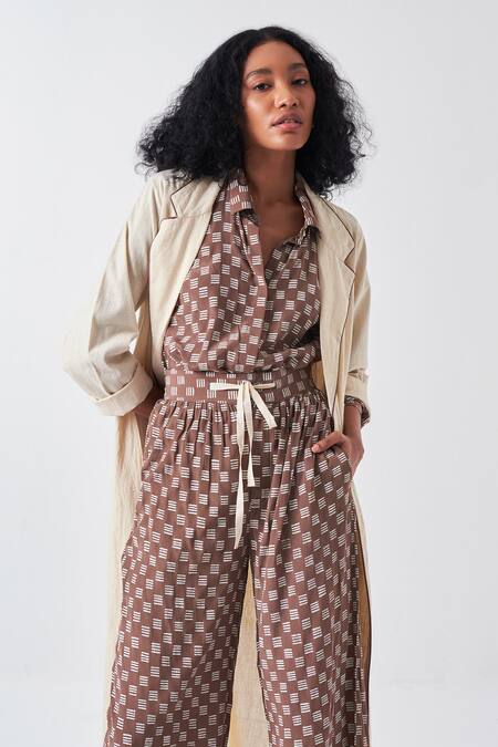 Buy Three Brown Crepe, Cotton Embroidery Collared Floral Applique Long Jacket And Pant Set Online at Aza Fashions Buy_Three_Brown Crepe, Cotton Embroidery Collared Floral Applique Long Jacket And Pant Set _Online_at_Aza_Fashions