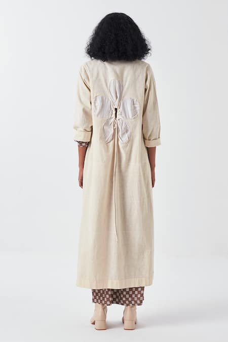 Shop Three Brown Crepe, Cotton Embroidery Collared Floral Applique Long Jacket And Pant Set at Aza Fashions Shop_Three_Brown Crepe, Cotton Embroidery Collared Floral Applique Long Jacket And Pant Set _at_Aza_Fashions