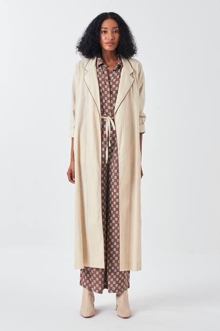 Shop Three Brown Crepe, Cotton Embroidery Collared Floral Applique Long Jacket And Pant Set Online at Aza Fashions Shop_Three_Brown Crepe, Cotton Embroidery Collared Floral Applique Long Jacket And Pant Set _Online_at_Aza_Fashions
