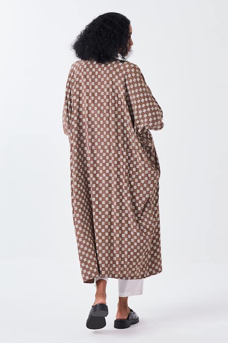 Three Brown Brick Print Kaftan & Pant Set 
