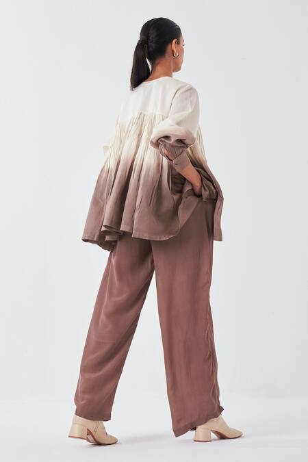 Shop_Three_Ivory Chanderi, Crepe Round Neck Dip Dye Ombre Top And Pant Set _at_Aza_Fashions