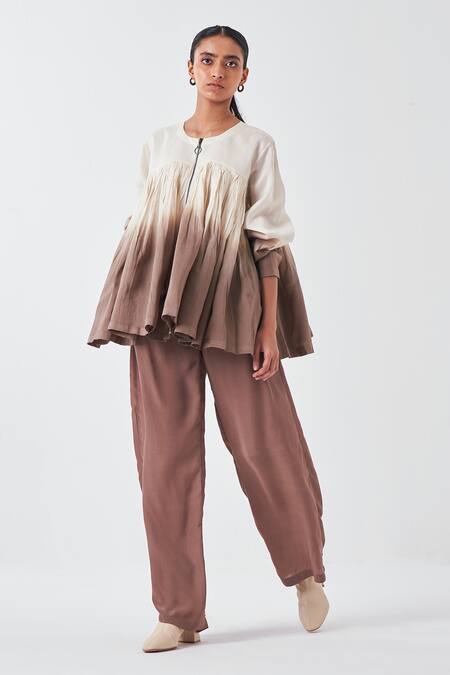 Three_Ivory Chanderi, Crepe Round Neck Dip Dye Ombre Top And Pant Set _Online_at_Aza_Fashions