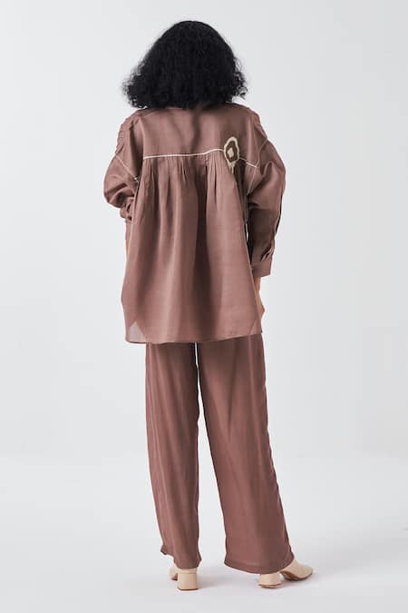 Shop Three Brown Chanderi, Crepe Applique, Fringe Mandarin Collar Motif Pant Set at Aza Fashions Shop_Three_Brown Chanderi, Crepe Applique, Fringe Mandarin Collar Motif Pant Set _at_Aza_Fashions