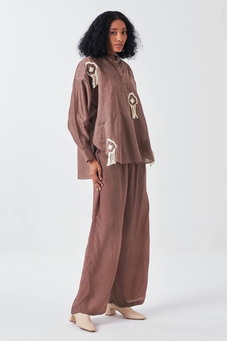 Buy Three Brown Chanderi, Crepe Applique, Fringe Mandarin Collar Motif Pant Set Online at Aza Fashions Buy_Three_Brown Chanderi, Crepe Applique, Fringe Mandarin Collar Motif Pant Set _Online_at_Aza_Fashions