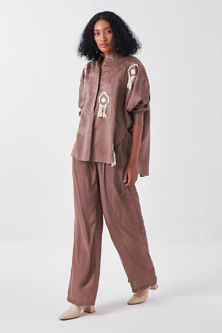 Shop Three Brown Chanderi, Crepe Applique, Fringe Mandarin Collar Motif Pant Set Online at Aza Fashions Shop_Three_Brown Chanderi, Crepe Applique, Fringe Mandarin Collar Motif Pant Set _Online_at_Aza_Fashions