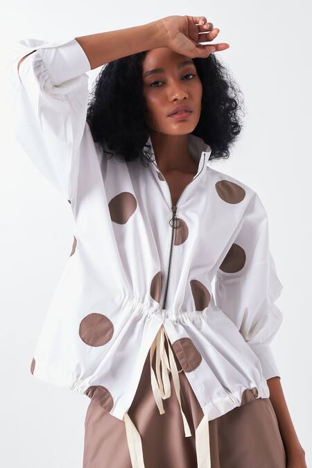 Three_White Poplin Applique High Neck Polka Top And Palazzo Set _Online_at_Aza_Fashions