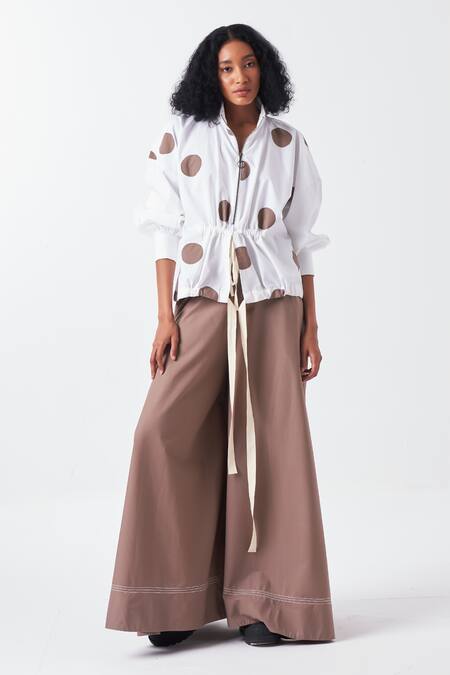 Buy_Three_White Poplin Applique High Neck Polka Top And Palazzo Set _Online_at_Aza_Fashions