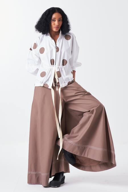 Shop_Three_White Poplin Applique High Neck Polka Top And Palazzo Set _Online_at_Aza_Fashions