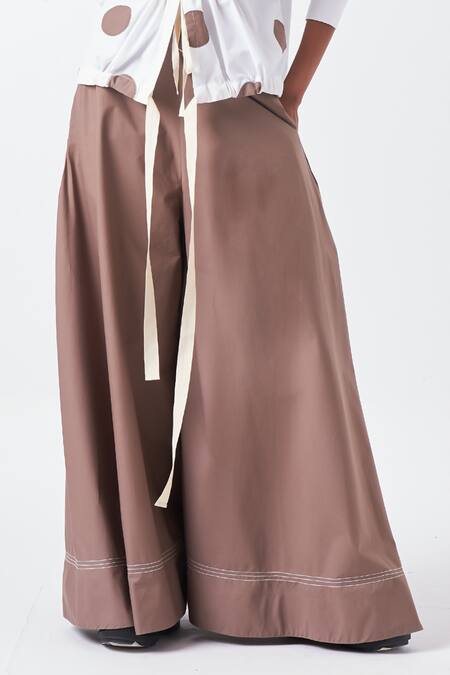 Three_White Poplin Applique High Neck Polka Top And Palazzo Set _at_Aza_Fashions