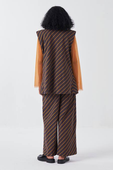 Shop Three Brown Cotton Collared Striped Jacket And Pant Set at Aza Fashions Shop_Three_Brown Cotton Collared Striped Jacket And Pant Set_at_Aza_Fashions
