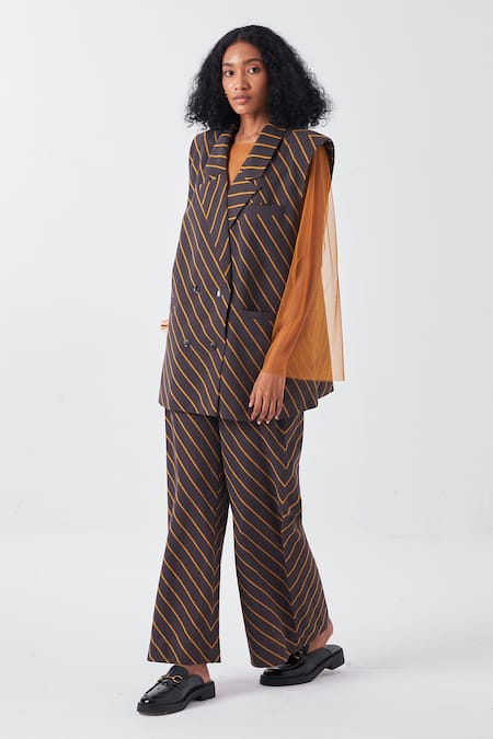 Three Brown Cotton Collared Striped Jacket And Pant Set Online at Aza Fashions Three_Brown Cotton Collared Striped Jacket And Pant Set_Online_at_Aza_Fashions
