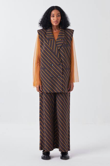Shop Three Brown Cotton Collared Striped Jacket And Pant Set Online at Aza Fashions Shop_Three_Brown Cotton Collared Striped Jacket And Pant Set_Online_at_Aza_Fashions