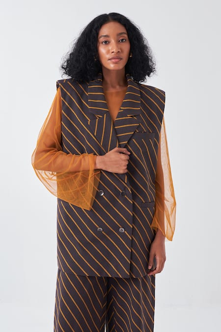 Three Brown Cotton Collared Striped Jacket And Pant Set at Aza Fashions Three_Brown Cotton Collared Striped Jacket And Pant Set_at_Aza_Fashions