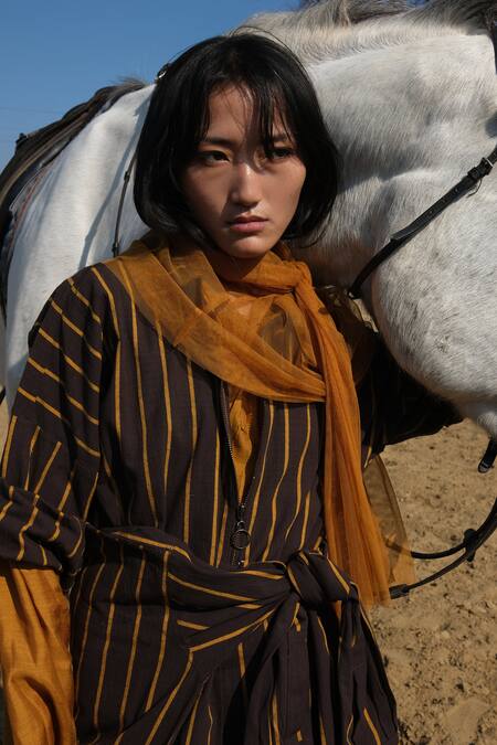 Three_Brown Cotton, Handloom Cotton, Bamboo Striped Tunic With Gathered Neckline Dress_Online_at_Aza_Fashions