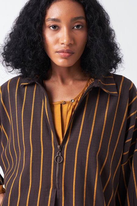 Shop Three Brown Cotton, Handloom Cotton, Bamboo Striped Tunic With Gathered Neckline Dress Online at Aza Fashions Shop_Three_Brown Cotton, Handloom Cotton, Bamboo Striped Tunic With Gathered Neckline Dress_Online_at_Aza_Fashions