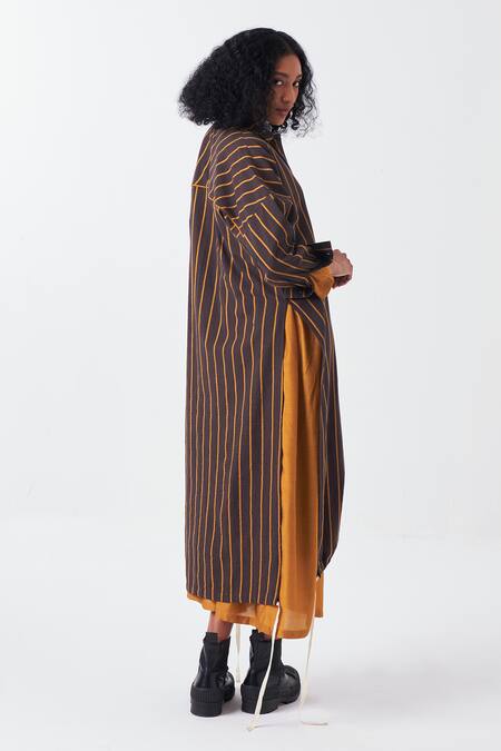 Shop Three Brown Cotton, Handloom Cotton, Bamboo Striped Tunic With Gathered Neckline Dress at Aza Fashions Shop_Three_Brown Cotton, Handloom Cotton, Bamboo Striped Tunic With Gathered Neckline Dress_at_Aza_Fashions