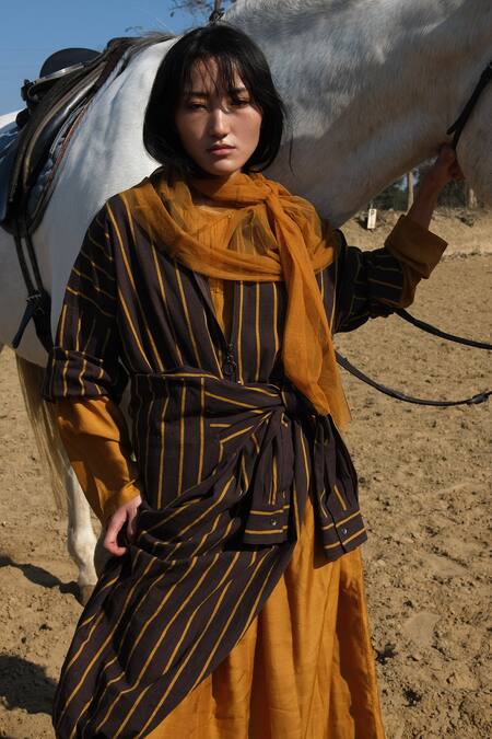 Three_Brown Cotton, Handloom Cotton, Bamboo Striped Tunic With Gathered Neckline Dress_at_Aza_Fashions