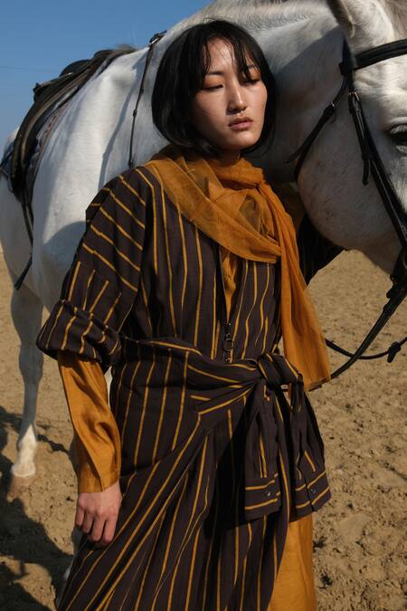 Buy_Three_Brown Cotton, Handloom Cotton, Bamboo Striped Tunic With Gathered Neckline Dress